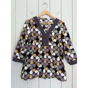 Boden Tunic Top 8 3/4 Sleeve Split Neck Tear Drop Purple Gold Boho Beach